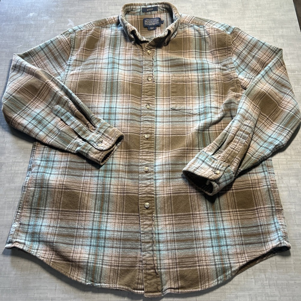 Pendleton Mason Men's Size Medium Brown Blue Plaid Flannel Button Down Shirt